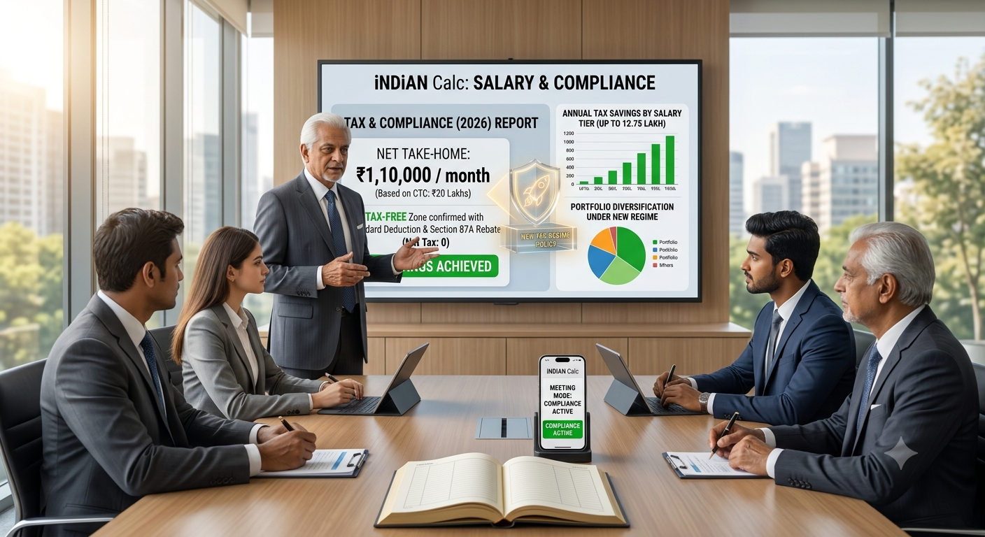 A collaborative corporate tax planning meeting where professionals are reviewing annual tax savings by tier and portfolio diversification reports.