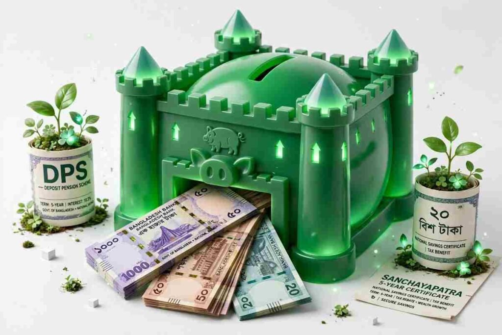 Conceptual visual of DPS and Sanchayapatra investment savings growth in Bangladesh