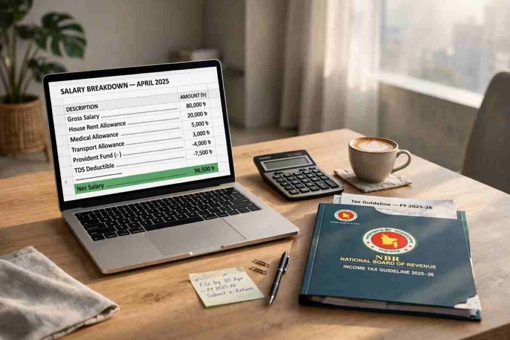 Financial desk setup with calculator and salary slip showing HRA and PF tax exemptions in Bangladesh