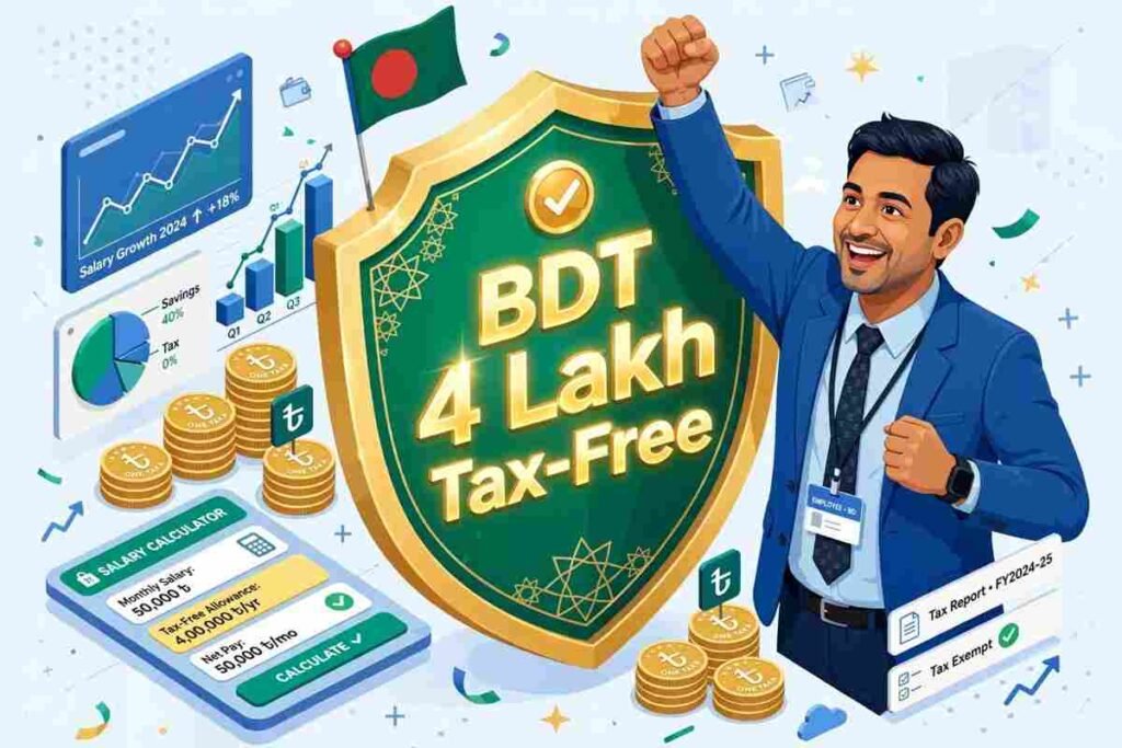 Illustration showing BDT 4 lakh tax free salary ceiling and Bangladesh tax calculator