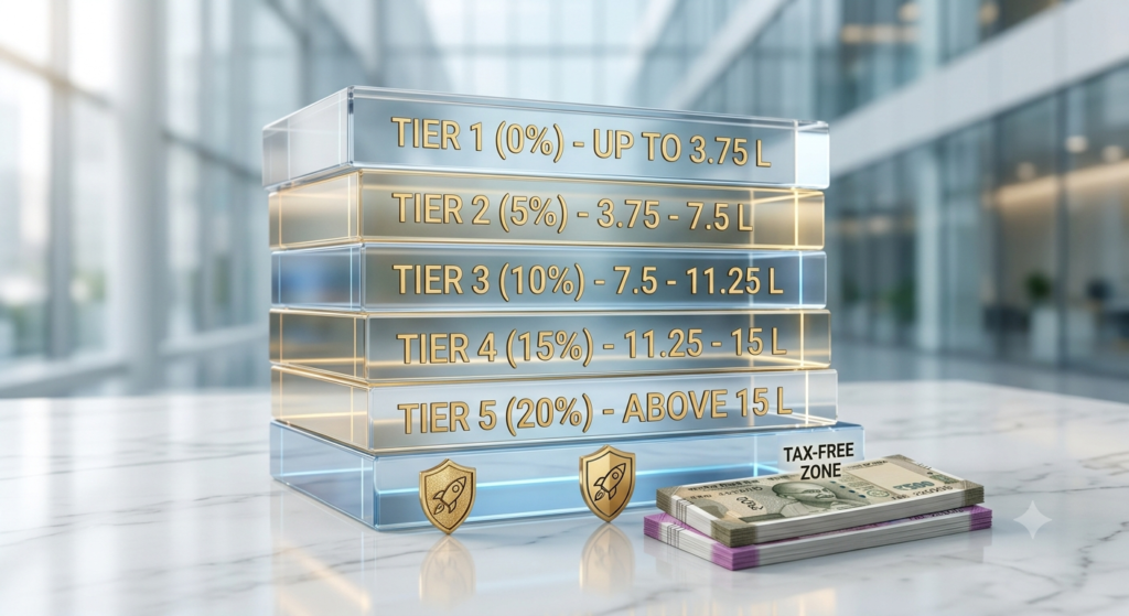 A modern infographic conceptualizing the five progressive New Tax Regime 2026 slabs with clear income tiers and percentage markings.
