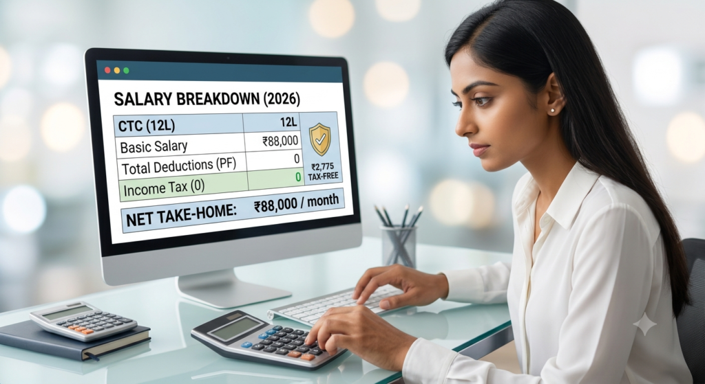 A focused professional using a laptop to perform a step-by-step salary calculation example based on CTC.