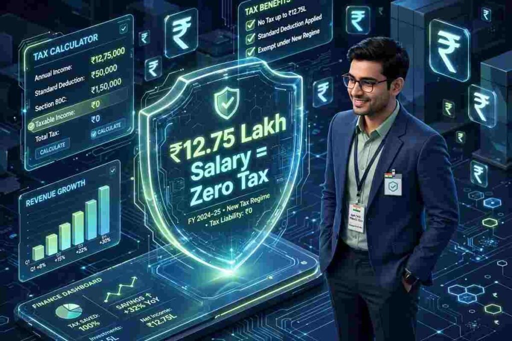 Salary tax calculator graph showing 12.75 lakh salary tax free under new tax regime 2026