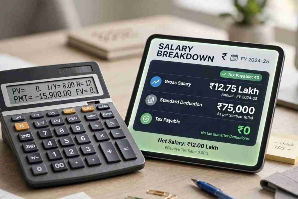 Step-by-step breakdown of standard deduction and Section 87A rebate for salary tax calculation